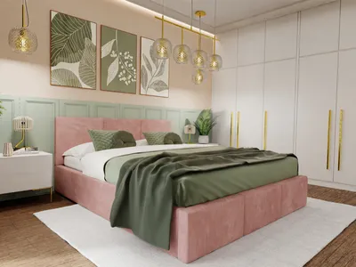 A bedroom scene with a pink bed, green bedding, and artwork on the wall.