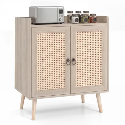 Produktbild von COSTWAY Sideboard Holz, Buffetschrank mit 2 Rattantüren, Küchenschrank Kommode, Schrank modern mit Arbeitsplatte, Buffet, 67 x 38 x 77 cm, Natur
