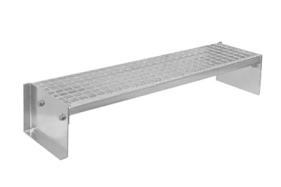 A metal step with a grated surface, mounted on a white background.
