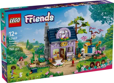 Productafbeelding van LEGO Friends Huis en bloementuin van de imkers, bouwset, natuur-speelset, cadeau voor meisjes vanaf 12 jaar, set met een bouwbaar model, 4 minifiguren en dierenfiguren, kat en konijn, 42669