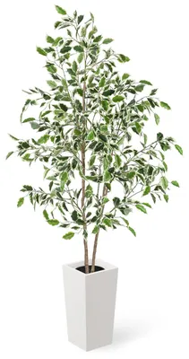 Image de Ficus Benjamini artificiel, 160 cm, grande plante artificielle dans un pot blanc, ficus artificiel d'aspect réaliste, pour le salon, le bureau, le jardin, la décoration d'intérieur, cadeau de créance