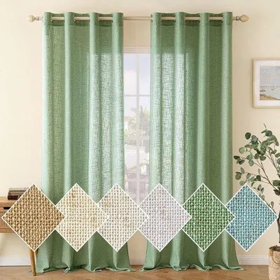Produktbild von Linnen-Gardinen-Set mit Gesichtern und Voile in moderner Linnenoptik - Halbtransparent - Grün - 2er-Pack - 140 x 245 cm (B x H)