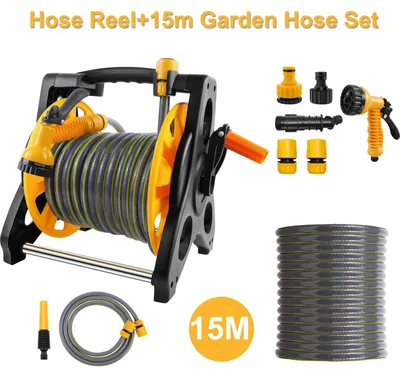 Produktbild von Gartenschlauchwagen - Bodenstehende Schlauchhaspel - 15 m Wasserschlauch - Aus robustem Kunststoff - Spritzpistole mit 7 Strahlarten - Mit Anschlüssen