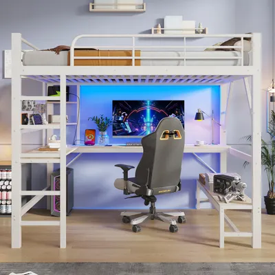 Obrázek produktu pro MODFU Kovové vysoké lůžko 160x200, dvojlůžko pro mládež s pracovním stolem a LED osvětlením, multifunkční postel s úložným prostorem, bez matrace, bílá barva