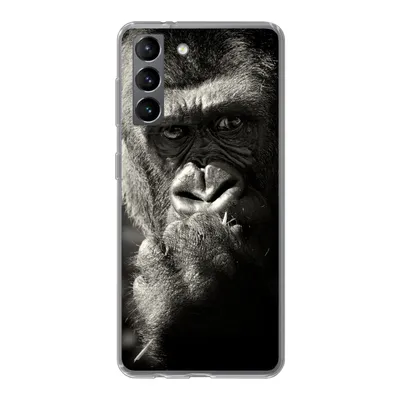 Produktbild von MuchoWow® Handyhülle Schutzhülle Hülle für Samsung Galaxy S21 Gorilla auf schwarzem Hintergrund in Schwarz und Weiß Silikon Softcase Handy Hülle - Softcase