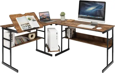 Produktbild von Eckschreibtisch in L-Form, 170 cm, Computertisch mit 2 Regalen, neigbare Platte, Zentralstaender, Computertisch für Büro, platzsparend, Industrie-Stil (Braun)