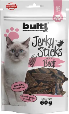 Produktbild von Bulti | Jerky Sticks für Katzen - Wohlfühlend - 60g - 82% Tierische Inhaltsstoffe - Proteinreich - Rindfleisch-snacks