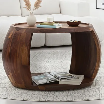 Image de FineBuy Table basse en bois massif de Sheesham ronde 60cm - Table de salon avec compartiment de rangement - Fait main en bois véritable au design rustique Table de salon
