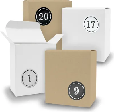 Produktbild von Adventskalender zum Füllen 24x Quader gemischt WEISS BRAUN + Sticker V09 Z04