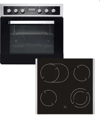 A built-in oven and a ceramic hob are shown against a white background.