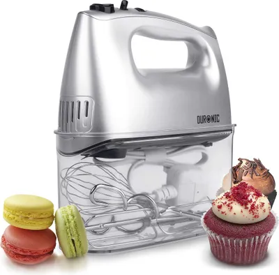 Duronic HM4 /SR elektrischer Handmixer | 400 Watt | Aufbewahrungsbox | Turbofunktion | Edelstahl | 2 Rührbesen | 2 Knethaken | Schneebesen | Mixer | Handrührer | Ideal für Kuchen, Schnee, Schlag