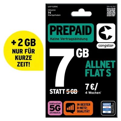 Produktbild von congstar Prepaid Allnet S: 7 statt 5 GB Datenvolumen & Flatrate für Telefonie und SMS, 5G-Speed, EU-Roaming