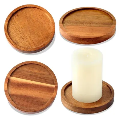 Image de Assiettes en bois d'acacia, lot de 4, couleur rouge-brun, diamètre 8 cm