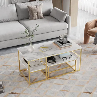 Immagine prodotto di Due tavolini moderni - Struttura in metallo effetto marmo - Per soggiorno e balcone - Oro