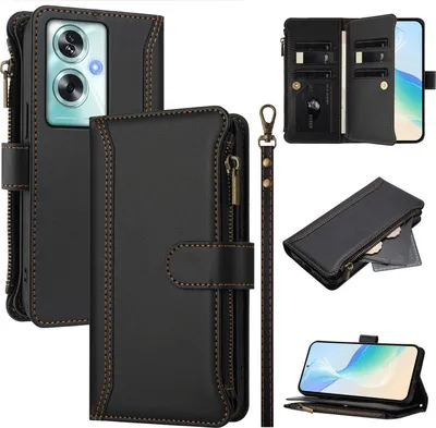 Image de Etui pour Oppo A79, zippé, étui portefeuille en cuirPolyuréthaneavec pochettes pour cartes, support et dragonne noir