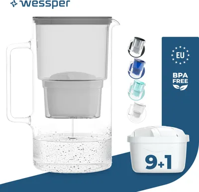 A water filter pitcher and its accessories are displayed against a blue and white background.
