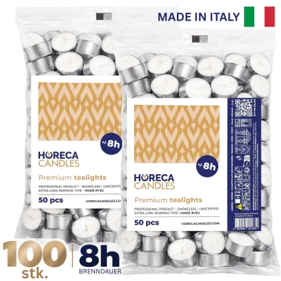 Produktbild von Horeca Candles Teelichter 100 Stück Weiß - 8 Std. Brenndauer, Unbeduftet, Paraffinwachs - Großpackung für Gastronomie, Hochzeit, Tischdeko, Party, Spa