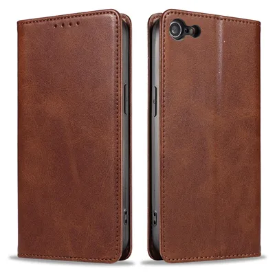 Two views of a brown leather flip phone case are shown side-by-side against a white background.