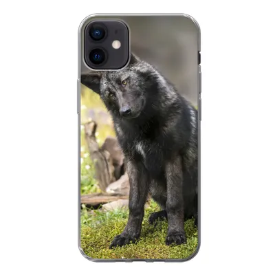 Produktbild von MuchoWow® Handyhülle Schutzhülle Hülle für iPhone 12 mini Wolf - Schwarz - Gras Silikon Softcase Handy Hülle - Bild