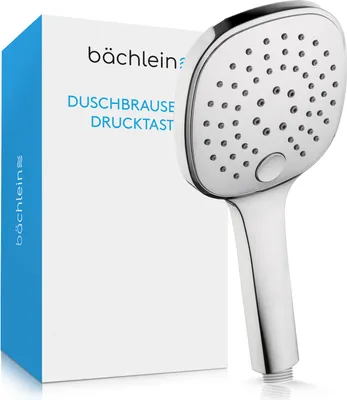 Produktbild von Bächlein Universal Duschbrause - Brausekopf mit 3 Strahlarten, einfach wechselbar durch praktische Drucktaste - Eckiger Duschkopf Chrom - Handbrause mit Standard G 1/2” Anschlussmaß