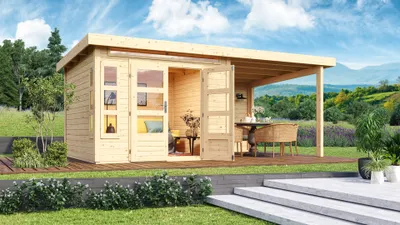Produktbild von Karibu Gartenhaus Gerätehaus Trelleborg F mit Anbaudach natur 565x274cm 28mm Wandstärke