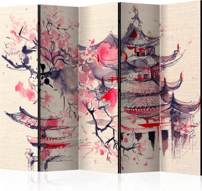 Produktbild von 5-teiliger Einseitiger Vlies Paravent - Shogun House II 225x172 cm Orient p-B-0045-z-c