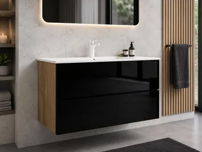 Produktbild von Badezimmer Möbel Badmöbel 100 x 50 cm Designer Badmöbel Schrank mit Keramik Waschbecken und Spiegel Front Schwarz