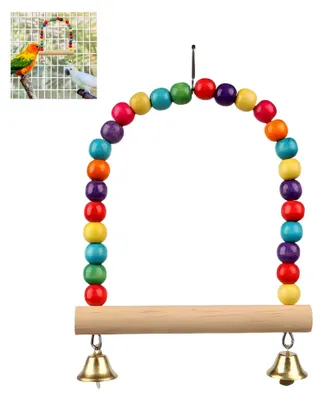 Produktbild von Bunte Papageienschaukel 15 cm x 12 cm, Holzschaukel für Vögel, Spielzeug für Papageien, Sittiche und Wellensittiche, Vogelkäfig Zubehör mit sicherer Naturfarbe