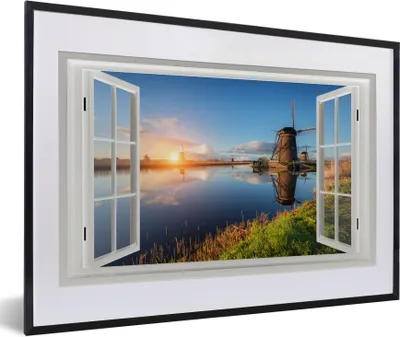 Produktbild von MuchoWow® MuchoWow® Gerahmtes Poster Aussicht - Wasser - Mühle 60x40 cm - Poster mit zchwarzem Bilderrahmen - Schlafzimmer - Plakat in Rahmen - Drucken