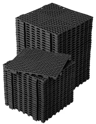 Produktbild von 50er-Set modulare Drainagematten - Steckbare Bodenfliesen 30,5 x 30,5 cm - Wasserdicht - Rutschfest - Weiches PVC - Für Bad/Pool/Garage - Schwarz