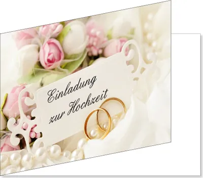 Produktbild von 25 Stück Einladungskarten zur Hochzeit (EKT-103) Format DIN A6 - Einladungen Ringe auf Rosen Trauung Feier