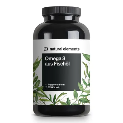 Image de natural elements Oméga 3 – 180 gélules – 2 000 mg d'huile de poisson par dose journalière – Sous forme de triglycérides contenant de l'EPA et du DHA – Testé en laboratoire, purifié selon un procédé sophistiqué