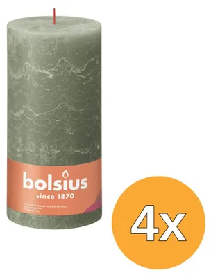 Imagen del producto de 4 velas "Rustiekkaars" de Bolsius, color verde oliva (200/100), (1 unidad)
