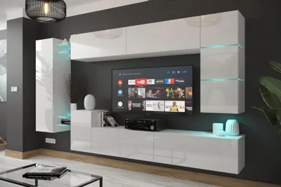 Immagine prodotto di Furnitech Parete attrezzata soggiorno - Mobili da soggiorno con LED RGB - 16 colori - Parete attrezzata moderna - Scaffali e mobile TV (AN90NEW-21W-HG2)