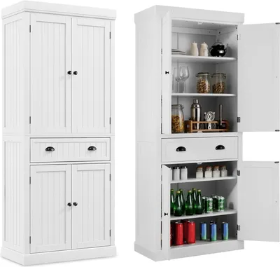 Zdjęcie produktu dla Szafka kuchenna COSTWAY 183cm, drewniana szafka bufetowa z regulowanymi półkami, szafkami z drzwiczkami i szufladą, wysoka szafka kuchenna bufetowa wolnostojąca biała