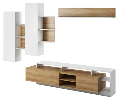 Produktbild von Wohnwand Anbauwand PANZO Set 4-teilig Eiche Grandson Weiß Grifflos