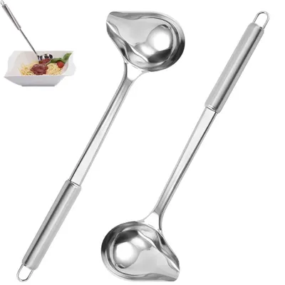 Immagine prodotto di 2 cucchiai per salse - Cucchiai per salse con beccuccio - 26,8 cm - Cucchiai con gancio - Mestolo per zuppe in acciaio inossidabile - Utensile da cucina con manico ergonomico