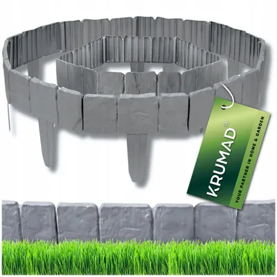 Produktbild von KRUMAD Rasenkante Kunststoff Steinoptik 10 Stück Set 2,5 Meter Höhe 23 cm Beeteinfassung Stein Beetumrandung Garten Stecksystem Grau