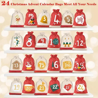 A display of 24 Christmas advent calendar bags arranged on shelves.