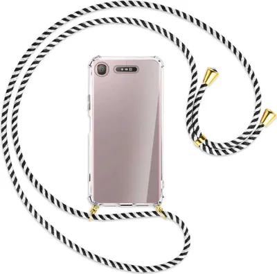 Produktbild von Handykette Backcover-Schutzhülle mit Band (Metall goldfarben) für Sony Xperia XZ1 - schwarz/weiß gestreift