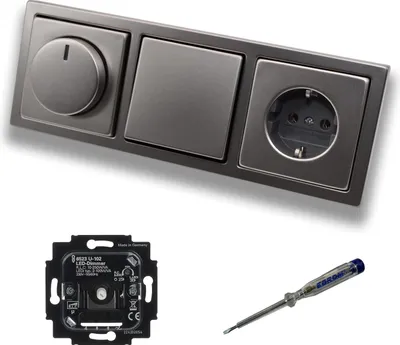 Produktbild von Busch Jäger 6523U-102 LED Drehdimmer Dimmer + Dimmerscheibe 6540-866-102 + Lichtschalter 2000/6US + Steckdose 20EUC-866 PUR Edelstahl + EBROM Phasenprüfer z. Montage d. Geräte 6523 U – 102
