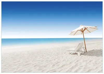Produktbild von Wallario Premium Glasbild, freischwebende Optik, kräftige Farben, Größe 100 x 70 cm Motiv Sonnenliege am weißen Strand unter blauem Himmel