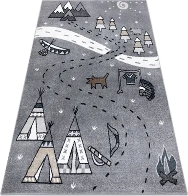 Produktbild von Teppich FUN Indian für Kinder, Indianerdorf, Tiere grau Grau 140x190 cm