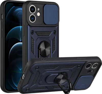Produktbild von iPhone 12 Hülle mit 360° Drehbarer Magnetische Ring Ständer Halter Dia Kameraschutz TPU Bumper Silikon Schutzhülle für iPhone 12 Blau