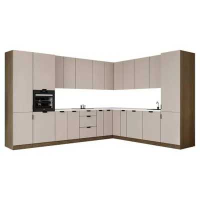 Produktbild von Winkelküche 345 x 285 cm Ohne Arbeitsplatte Eckküche Einbauküche , Sorento KS12-M345 , Beige / Dunkle Eiche