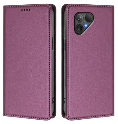 A purple flip case for a smartphone, shown from the front and back.
