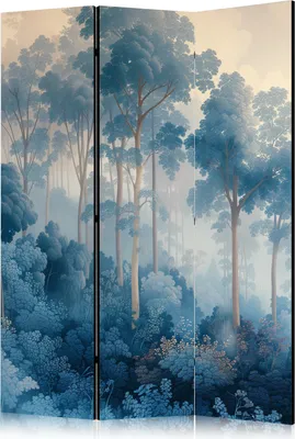 Produktbild von 3-teiliger Doppelseitiger Vlies Paravent - Landscape With Trees in Illustration Style. Fairy Blue Forest 135x172 cm Blumen c-H-10024-z-a
