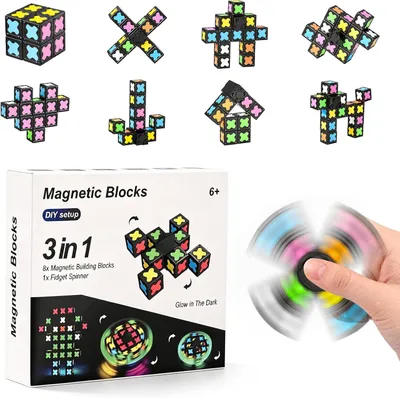 Productafbeelding van Donker oplichtende magnetische bouwstenen - Magnetisch speelgoed - Transformeerbare fidget-spinner - Stressverminderend