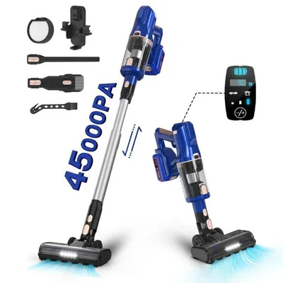 A product image showing a blue and silver cordless vacuum cleaner with various attachments and a digital display.