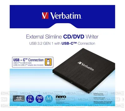 Produktbild von Verbatim Externer Slimline CD/DVD-Brenner, Schwarz, Ablage, Desktop / Laptop, DVD±RW, USB 3.2 Gen 1 (3.1 Gen 1), CD-R, CD-RW, DVD+R, DVD+R DL, DVD+RW, DVD-R, DVD-R DL, DVD-RW